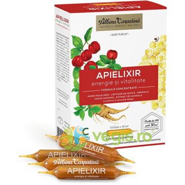 Apielixir Energie si Vitalitate cu Laptisor de Matca, Propolis, Miere, Ginseng Corean si Extract de Acerola 10 fiole x 10ml